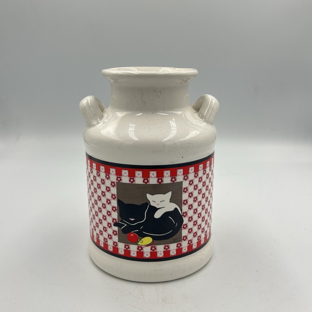 Vintage White Black Red Checkered Jar Jug Canister With Cats Linda Morgan Japan